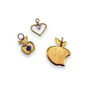14k Yellow Gold Apple And Heart Pendant Lot With Colored Stones 1.2grams